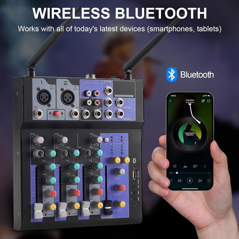 SIKUING Professional Audio Mixer with Dual Wireless Mic, 4 Channel Mixer Board Sound Board DJ Mixer Console System MP3 Bluetooth 48V Phantom Power USB Interface for Home Karaoke Party - Image 2